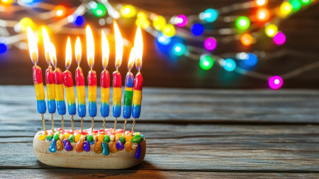 Photo of a lit Hanukkah menorah on an old wooden table with lights in the background, symbolizing both joy and religious significance. Web banner with copy space on the right. --chaos 30 --ar 16:9 --v 6.1 Job ID: ef4bb3a7-4a39-4829-8ac1-d20f62a8ef33の素材