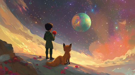 The Little Prince and his fox, holding roses in their hands, standing on the planet of B612 depicting colorful galaxies and stars, in the style of a cartoon, in the style of Disney Pixar, fantasy background, wallpaper, full-body portrait, high resolution, high detail, digital art, detailed space sky with bright colors, dreamy mood, cinematic lighting. --chaos 30 --ar 16:9 --v 6.1 Job ID: 6a8c7448-9fc8-44a6-ba5c-a0a03da3eaa2の素材