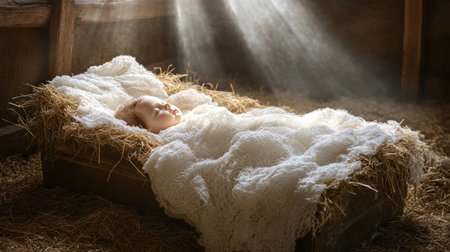 The baby Jesus lies in the manger, rays of light shining down on him from above. The cradle rests on hay and straw, the background showing an old wooden bed with soft blankets. The atmosphere around it exudes warmth and tenderness, symbolizing hope for all people who have come to Earth through his birth. This scene is in the style of a high-resolution, hyper-realistic Christmas card. --chaos 30 --ar 16:9 --v 6.1 Job ID: 3018f54f-7a42-4c73-b212-b42686a647f0の素材