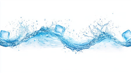 Ice cubes, water splashing around the ice cubes, white background, PNG transparent, cutout, vector, simple --chaos 30 --ar 16:9 --v 6.1 Job ID: c7a819d8-8577-478b-978c-edfca5f3fb68の素材