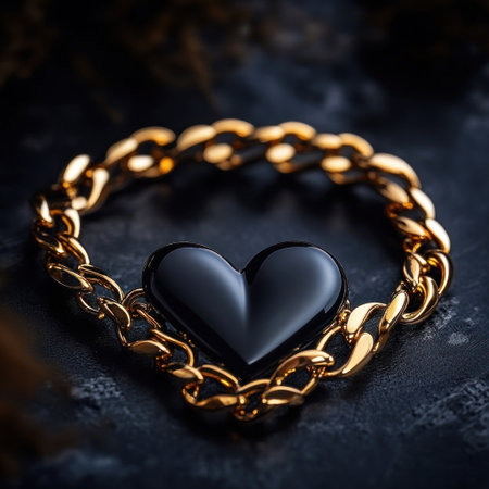 Stylish black and gold heart-shaped bracelet with an intertwined chain, high-resolution product photo on a dark background, focus stacked. --v 6.1 Job ID: 1098012a-cc06-48fd-ba53-8740fa8d32b1の素材