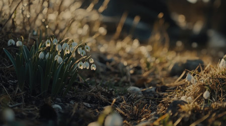 Spring background with snowdrop flowers and green grass, banner format, copy space for text in the center of the picture, high resolution, high detail, sharp focus, studio photography, stock photo. --chaos 30 --ar 16:9 --v 6.1 Job ID: 686b628e-d346-46b2-908f-b2c78b9dd971の素材