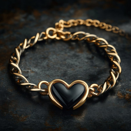 Stylish black and gold heart-shaped bracelet with an intertwined chain, high-resolution product photo on a dark background, focus stacked. --v 6.1 Job ID: 1098012a-cc06-48fd-ba53-8740fa8d32b1の素材