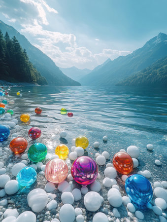 There is an extremely beautiful lake in the background of mountains, and there were many colored glass balls on its shore. The water was a clear blue with ripples, and some colorful gems floated from it. It's a high-definition photo, super realistic, and very detailed. There are also white pebbles scattered around the ground. --ar 3:4 --v 6.1 Job ID: 553d92cd-3637-4d87-ad53-5a5bbefd3cd3の素材