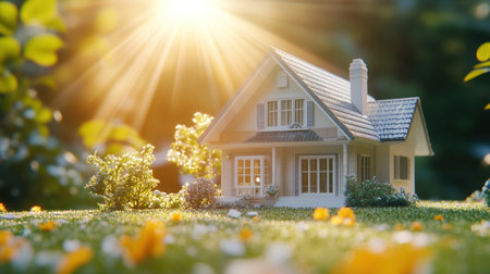 White model house on a green background with sun rays and natural grass, in the style of commercial photography. --chaos 30 --ar 16:9 --v 6.1 Job ID: b4d4ac1d-7db1-48a9-b191-d15dfaa0d305の素材