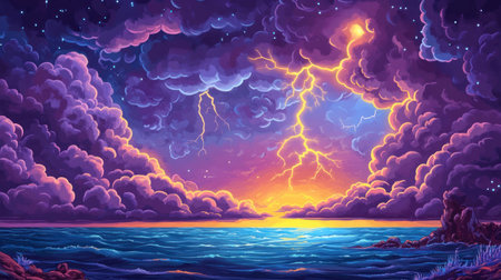 Lightning over the sea, a thunderstorm with a purple and orange sky, yellow lightning in dark clouds above the ocean, a fantastical, magical scene, a fantasy background in the style of a fantasy artist. --chaos 30 --ar 16:9 --v 6.1 Job ID: ee7666f3-34c9-4c7c-af5e-607040368210の素材