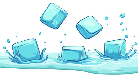 Ice cubes flying in the air, water splashing around ice blocks, white background, vector illustration style, flat design, high resolution, high detail, digital art, in the style of Adobe Illustrator, PNG format. --chaos 30 --ar 16:9 --v 6.1 Job ID: 36b8930b-b53f-4d45-ad6b-ed50e223d81cの素材