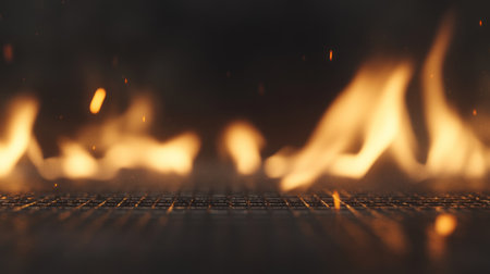 Flaming Grill Background, black background, 3042x875 pixels, no text or elements in the center of the composition, high resolution, high quality, high detail. --chaos 30 --ar 16:9 --v 6.1 Job ID: 942f7fad-ff4e-44aa-a430-7b8949122f0dの素材