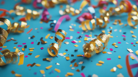 Fireworks, golden glitter, and colorful confetti on a blue background with copy space for New Year's celebration. Background banner design. Banner with fireworks, gold streamers, and bokeh lights. Festive background with copy space. 8K, high resolution. --chaos 30 --ar 16:9 --v 6.1 Job ID: 268cd11f-bbd2-405b-8c89-35f20c2b69bcの素材
