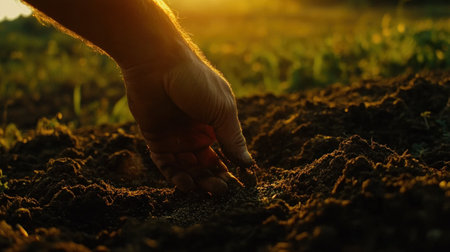 Hand-planting seeds in soil with a green background and sunlight. Bending down to plant the seeds of a vegetable or fruit. Eco-friendly concept. Stock photo, copy space banner for design mockup, high resolution. --chaos 30 --ar 16:9 --v 6.1 Job ID: 0b5432f3-3dd4-4d9b-9a96-41f2bf08df04の素材