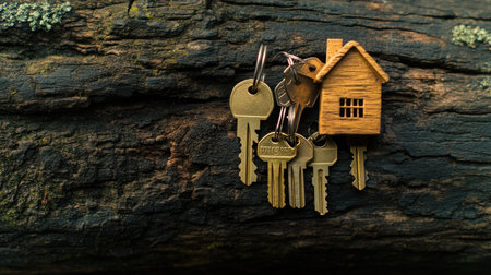 Photo of a house-shaped keychain with keys on a wooden background, representing home ownership and property. Web banner with copy space on the right side. --chaos 30 --ar 16:9 --v 6.1 Job ID: 3b91fda5-4dd1-4759-bbf7-0031ddbc7a27の素材