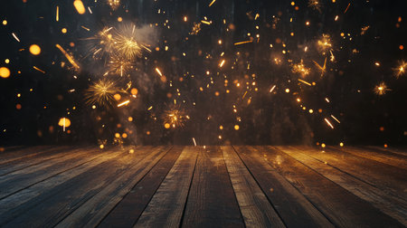 New Year background with wooden table and fireworks on black, panoramic banner for product presentation. New year concept, template design element. Black background, wood floor, space for text, gold sparklers, firework, 3d rendering, --chaos 30 --ar 16:9 --v 6.1 Job ID: 8dd52839-0554-44ee-903c-ca01306ddb1cの素材