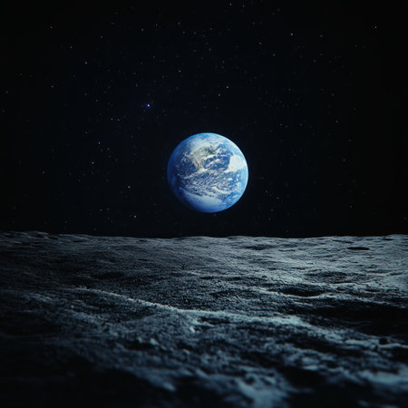A distant view of Earth from the moon's surface, with the black expanse of space in the background. The Earth is illuminated by a soft, blue light and centered in the scene. Stars are visible around the planet, creating an atmosphere of cosmic wonder. In the foreground, there is some lunar rock texture for added realism. --v 6.1 Job ID: dd2a7da5-e72a-4954-8c8c-32a87eba325aの素材