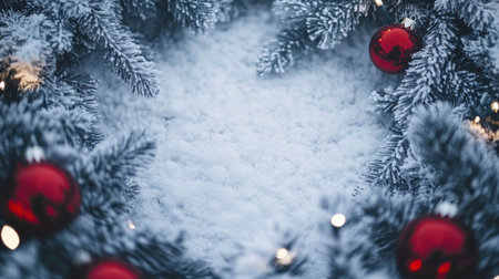 A snowy winter background with white snowflakes and red Christmas ornaments, creating an enchanting atmosphere for festive celebrations. White bokeh lights add depth to the scene, while silver pine branches frame the edges of the composition. The overall color scheme is in cool blue tones, perfect for capturing holiday joy in a serene setting. --chaos 30 --ar 16:9 --v 6.1 Job ID: 7e23c01e-f275-49b1-87cf-feb46cda1460の素材
