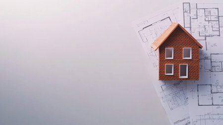 Photo of a house model with bricks and blueprints on a white background, construction plans next to it. Web banner with copy space on the right for text, stock photo in the style of 3/4 view. --chaos 30 --ar 16:9 --v 6.1 Job ID: 478aded1-ee7f-40d7-8da9-9618a3f1654cの素材