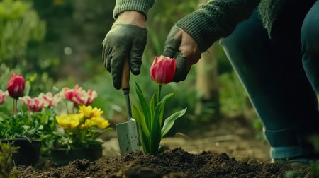 Gardener planting flowers in the soil with garden tools on a blurred green background, wide format, concept for gardening and ecology, stock photo with 2/3 space for text. --chaos 30 --ar 16:9 --v 6.1 Job ID: dffaa00c-7981-4ebe-9f1e-a100cd85eda2の素材