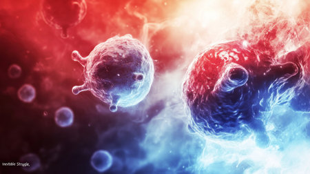 "Inevitable Struggle," an illustration depicting a blue and red shield-shaped background. The red color features an angry cell or virus with a white core, surrounded by blue circular shapes floating in the air. The background is red with some white cells, presented in a medical poster style. The high-resolution image has a cinematic lighting effect with volumetric light, creating a hyper-realistic and dramatic atmosphere. --chaos 30 --ar 16:9 --v 6.1 Job ID: 997db6d1-5886-4be9-9cbc-4f66cb4df367の素材