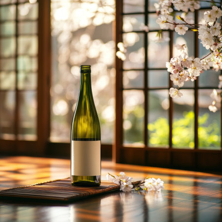 A bottle of green wine on the table, surrounded by cherry blossoms in an ancient Japanese-style house with wooden screens and tatami mats. The interior is filled with natural light from large windows, creating a serene atmosphere. High-resolution photography, color grading, soft shadows, low contrast, clean sharp focus, natural lighting, high-end retouching, advertising photography, commercial photoshoot, depth of field. --v 6.1 Job ID: 1b11f3f9-8a31-45af-90f8-20ab14b93790の素材