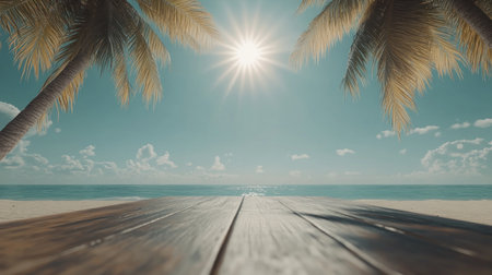 The background is a beautiful beach with a blue sky and white clouds. Palm trees hang on both sides of an empty wooden tabletop, and sunlight shines through the leaves to illuminate the sand, creating beautiful shadows. The sun shines brightly in front, creating a bright scene. The composition has rich details, high-saturation colors, and a wide-angle lens. It creates a relaxed summer atmosphere, evoking emotions of relaxation. --chaos 30 --ar 16:9 --v 6.1 Job ID: 80211d86-459b-49b8-8097-b06c8db8792eの素材