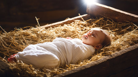The scene of the birth is set in an old, rustic manger filled with hay and straw. The baby Jesus lies on his back inside it, wrapped in white linen . Above him, a bright light shines from above. There is dust floating around the room. --chaos 30 --ar 16:9 --v 6.1 Job ID: 5b23d099-7fe8-4282-8d38-2ffe6c8d1c92の素材