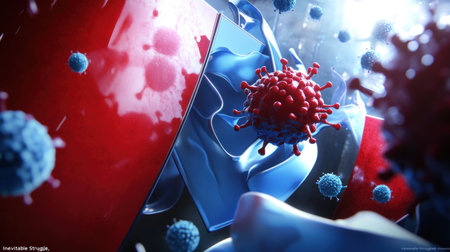 "Inevitable Struggle," an illustration depicting a blue and red shield-shaped background. The red color features an angry cell or virus with a white core, surrounded by blue circular shapes floating in the air. The background is red with some white cells, presented in a medical poster style. The high-resolution image has a cinematic lighting effect with volumetric light, creating a hyper-realistic and dramatic atmosphere. --chaos 30 --ar 16:9 --v 6.1 Job ID: 997db6d1-5886-4be9-9cbc-4f66cb4df367の素材