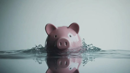 Photo of a piggy bank sinking in water, representing financial distress on a white background. Web banner with copy space on the right. --chaos 30 --ar 16:9 --v 6.1 Job ID: ead5a13a-e5ce-49cb-8679-b4c49825d1ccの素材