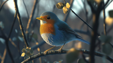 A detailed illustration of an European robin, perched on the branch of a tree with leaves and branches in soft focus behind it. The bird has bright red chest feathers, grey body, black head, yellow beak, white under plumage, blue wings, silver tailfeathers. It is looking directly at viewer. --chaos 30 --ar 16:9 --v 6.1 Job ID: 143651ae-85f5-48b9-8454-5c9418dbbd0eの素材