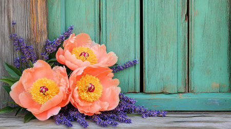 Photograph of orange peonies and lavender against the background of an emerald green wooden door, high-quality photograph. --chaos 30 --ar 16:9 --v 6.1 Job ID: 2189a9b3-dae4-440f-9098-a08007effcc0の素材