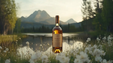 Product photography of a bottle of Chardonnay wine, surrounded by white flowers and pine trees in the foreground with a mountain range in the background, captured during the golden hour using a Sony Alpha A7 III with a FE28mm F/2.8 lens, resulting in a depth of field effect. The image is high resolution, hyper-realistic, beautiful, detailed, with sharp focus, and has a cinematic, editorial style, suitable for advertising and product photography. --chaos 30 --ar 16:9 --v 6.1 Job ID: 7797a1cf-92f5-46da-8c9b-e6cd5dfad276の素材