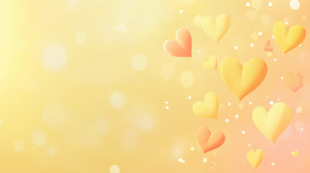 Yellow background with heart-shaped bokeh lights, pastel yellow color, banner design, copy space on the right side, high-resolution photography. --chaos 30 --ar 16:9 --v 6.1 Job ID: e4053efc-2c5c-46ad-8852-0345d996b1a4の素材