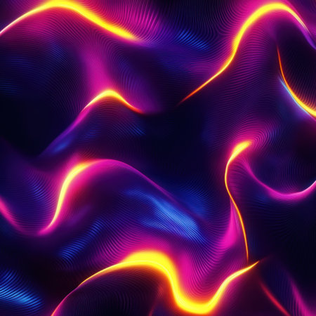 vibrant purple background with colorful neon waves, dark blue and yellow gradients, gradient, smooth curves, liquid shapes, minimalistic, psychedelic style, fluid forms, simple lines, dynamic composition, grainy texture, iridescent color palette, vibrant gradients, holographic colors, hyper-realistic, octane render, high resolution, by Michael Whelan, by Atef Ben rendered in cinema4d, flat design, poster art, volumetric lighting, sharp focus, symmetrical, depth of field, full frame camera --v 6.1 Job ID: 5baa7404-ad9c-46c2-a219-6decea661b60の素材