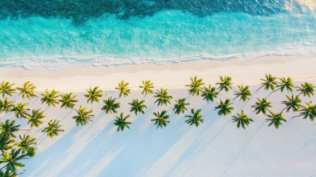 Tropical beach background with palm trees and sun over blue ocean, a summer vacation concept banner. Sunlight, sand, sun rays, blue sky, and sea landscape. --chaos 30 --ar 16:9 --v 6.1 Job ID: c819157f-6bb0-48cb-ad73-8c094ad29d6aの素材