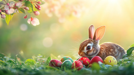 Easter background with a rabbit and colorful eggs on green grass, a blooming cherry tree in the background, a bokeh effect, copy space concept, a panoramic banner for e-commerce design, an e-bakery promotion ad, an Easter day advertising. --chaos 30 --ar 16:9 --v 6.1 Job ID: 2dde2191-ccb8-45d4-9126-41a8132c4c9bの素材
