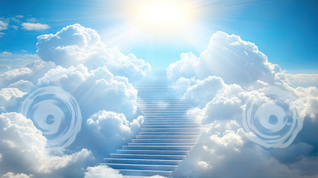 Stairs leading to the sky, white clouds, and a blue background, with sun rays shining through the clouds, creating an ethereal atmosphere. The stairs lead up into bright sunlight with light beams, symbolizing heaven or otherworldly spaces. This scene conveys a sense of hope for life after death and the presence of angelic beings in religious symbols. --chaos 30 --ar 16:9 --v 6.1 Job ID: ed4a3011-908f-45cd-80bb-dbf39a422372の素材