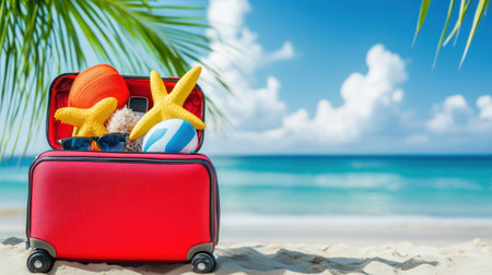 Summer vacation background with an open suitcase full of beach accessories and travel on the sandy shore, a banner for the summer holiday concept. Stock photo, with space to add text. --chaos 30 --ar 16:9 --v 6.1 Job ID: 43b2e260-66b2-4ca5-998b-e118ff0ccdeaの素材