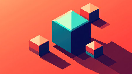 A colorful isometric cube with three smaller cubes on the side, set against an orange background. The large cube stands out against its tiny surroundings, creating a striking contrast. It has rounded corners that give it a soft, elegant simplicity. This design symbolizes growth or new beginnings. --chaos 30 --ar 16:9 --v 6.1 Job ID: 8fa8bced-70d5-4bb1-ae8e-c088298392bdの素材