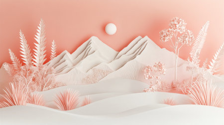 White desert, white sand dunes, three-dimensional mountains made of paper-cut art installation, with pink plants and trees on the top of them. The moon hangs in the sky above it, and there is an orange gradient background behind the mountain. It has C4D rendering style, matte clay texture, soft lighting, and high-definition details. Aerial perspective. --chaos 30 --ar 16:9 --v 6.1 Job ID: 5ebbe4d3-fbcb-487d-b358-5e69ec48e337の素材