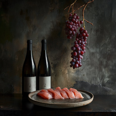 Product photography of sashimi on an old plate, two bottles of wine, red grapes hanging from the branch in front of a textured wall background, with dark, moody lighting, focusing on texture and details, in high-resolution photography. --v 6.1 Job ID: 2a9e9bf6-60bd-4d26-9cf6-e5d3caa954e5の素材