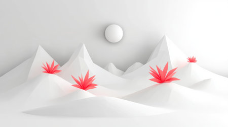 White desert with white mountains, moon in the sky, red plants on mountain peaks, 3D rendering style, geometric shapes, white and pink color scheme, minimalist background, high angle view, symmetrical composition, soft lighting, high resolution. --chaos 30 --ar 16:9 --v 6.1 Job ID: 891f2d43-7b9c-418f-9005-5a48a49e72ecの素材