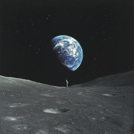 The Earth is seen from the moon, with black space in front of it and stars around it. The Earth glows blue against an atmosphere-less background, while the surface below looks textured like gray lunar rock. In between them lies the vast expanse of dark sky. A small silhouetted figure stands on one side of the scene, looking at both the planet and its shadowed surroundings. This is a high-quality photograph capturing the beauty of our home world from such a great distance. --v 6.1 Job ID: 27879213-206f-4514-b16e-c2a35256f85bの素材