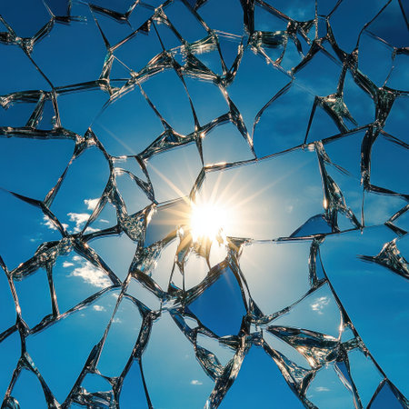 Shattered blue mirror, reflection of the sky, glass fragments, hyper-realistic, ultra-detailed, high-resolution, sun shining through the cracks. --v 6.1 Job ID: 47907eb3-0ece-433a-8153-ef63aba09b52の素材