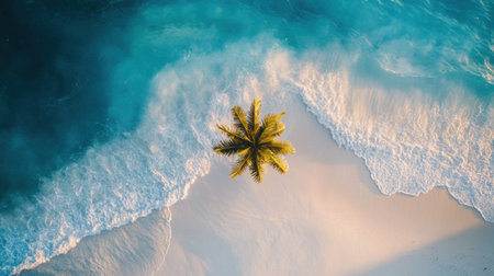 Photo of a palm tree on the beach with clear blue water and white sand, panoramic view. Web banner with copy space on the left side. --chaos 30 --ar 16:9 --v 6.1 Job ID: 17d8213e-4dae-4006-a164-209741225765の素材