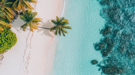 Photo of a palm tree on the beach with clear blue water and white sand, panoramic view. Web banner with copy space on the left side. --chaos 30 --ar 16:9 --v 6.1 Job ID: 17d8213e-4dae-4006-a164-209741225765の素材
