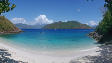 Panoramic photograph of a beautiful beach, with white sand and a blue sky. The sun is shining on the water. --chaos 30 --ar 16:9 --v 6.1 Job ID: 3b0f8e0c-e7cc-486d-81e8-8698e3b5066cの素材