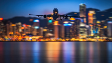 Photo of an airplane flying over the city, with blurred lights in the background. --chaos 30 --ar 16:9 --v 6.1 Job ID: c83c22d3-d7a6-4aab-884e-64c370eb53d3の素材