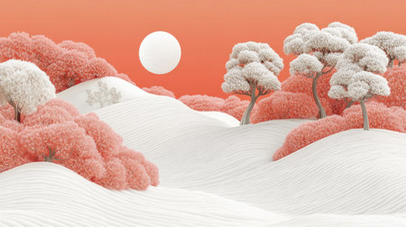 White desert, white sand dunes, three-dimensional mountains made of paper-cut art installation, with pink plants and trees on the top of them. The moon hangs in the sky above it, and there is an orange gradient background behind the mountain. It has C4D rendering style, matte clay texture, soft lighting, and high-definition details. Aerial perspective. --chaos 30 --ar 16:9 --v 6.1 Job ID: 5ebbe4d3-fbcb-487d-b358-5e69ec48e337の素材
