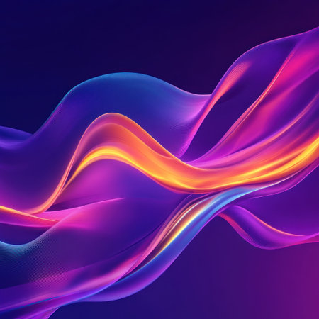 vibrant purple background with colorful neon waves, dark blue and yellow gradients, gradient, smooth curves, liquid shapes, minimalistic, psychedelic style, fluid forms, simple lines, dynamic composition, grainy texture, iridescent color palette, vibrant gradients, holographic colors, hyper-realistic, octane render, high resolution, by Michael Whelan, by Atef Ben rendered in cinema4d, flat design, poster art, volumetric lighting, sharp focus, symmetrical, depth of field, full frame camera --v 6.1 Job ID: 5baa7404-ad9c-46c2-a219-6decea661b60の素材