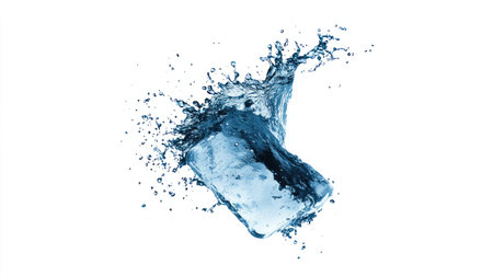 Floating ice cubes and water splashes, isolated on a white background, in a PNG file format. --chaos 30 --ar 16:9 --v 6.1 Job ID: a28ff55a-a6d2-4bc7-8f69-26b614778bd9の素材