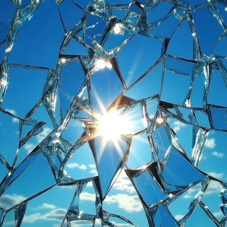 Shattered blue mirror, reflection of the sky, glass fragments, hyper-realistic, ultra-detailed, high-resolution, sun shining through the cracks. --v 6.1 Job ID: 47907eb3-0ece-433a-8153-ef63aba09b52の素材