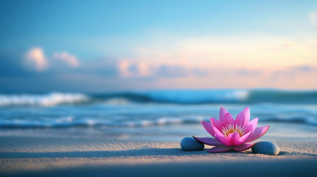 Photo of a pink lotus flower and balanced stones on the sand in the foreground, with a blue sky background. Web banner with copy space on the right. --chaos 30 --ar 16:9 --v 6.1 Job ID: d75c6d57-547d-4eda-9b40-173179afe42fの素材